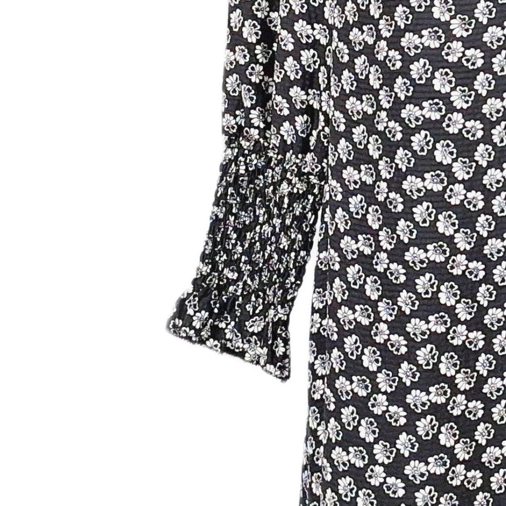 Rebecca Taylor Rue Silk Dress Black White Tie Neck Floral Smocked Cuffs Size 0 - Picture 7 of 11